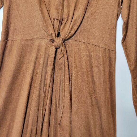 $139 FAUX SUEDE 10 CALVIN KLEIN STRETCH LONG SLEEVE BROWN CAREER MIDI DRESS NWT - Picture 3 of 12